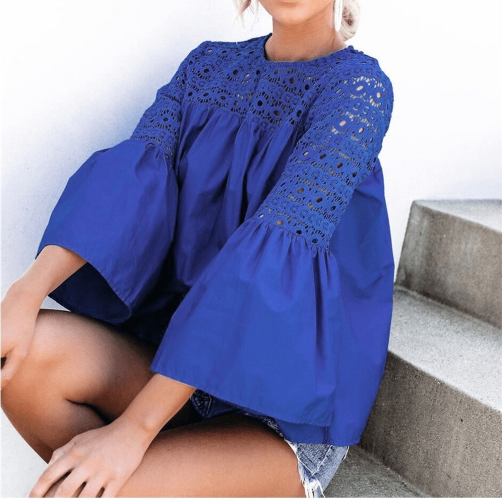 Endless Rose The Louvre Eyelet Lace Blue Bell Sleeve Blouse